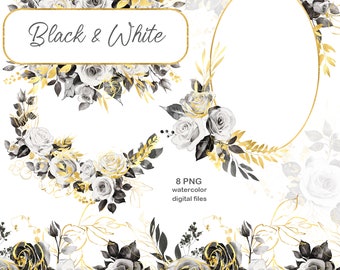 Clipart PNG noir blanc et fleurs dorées, conception de couronnes monochromes et dorées, clipart floral neutre, fleurs blanches, bordure et cadre