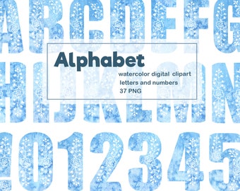 Watercolor lettering and numbers clipart. blue alphabet clipart. baby shower, nursery watercolor clipart. digital individual PNG files.