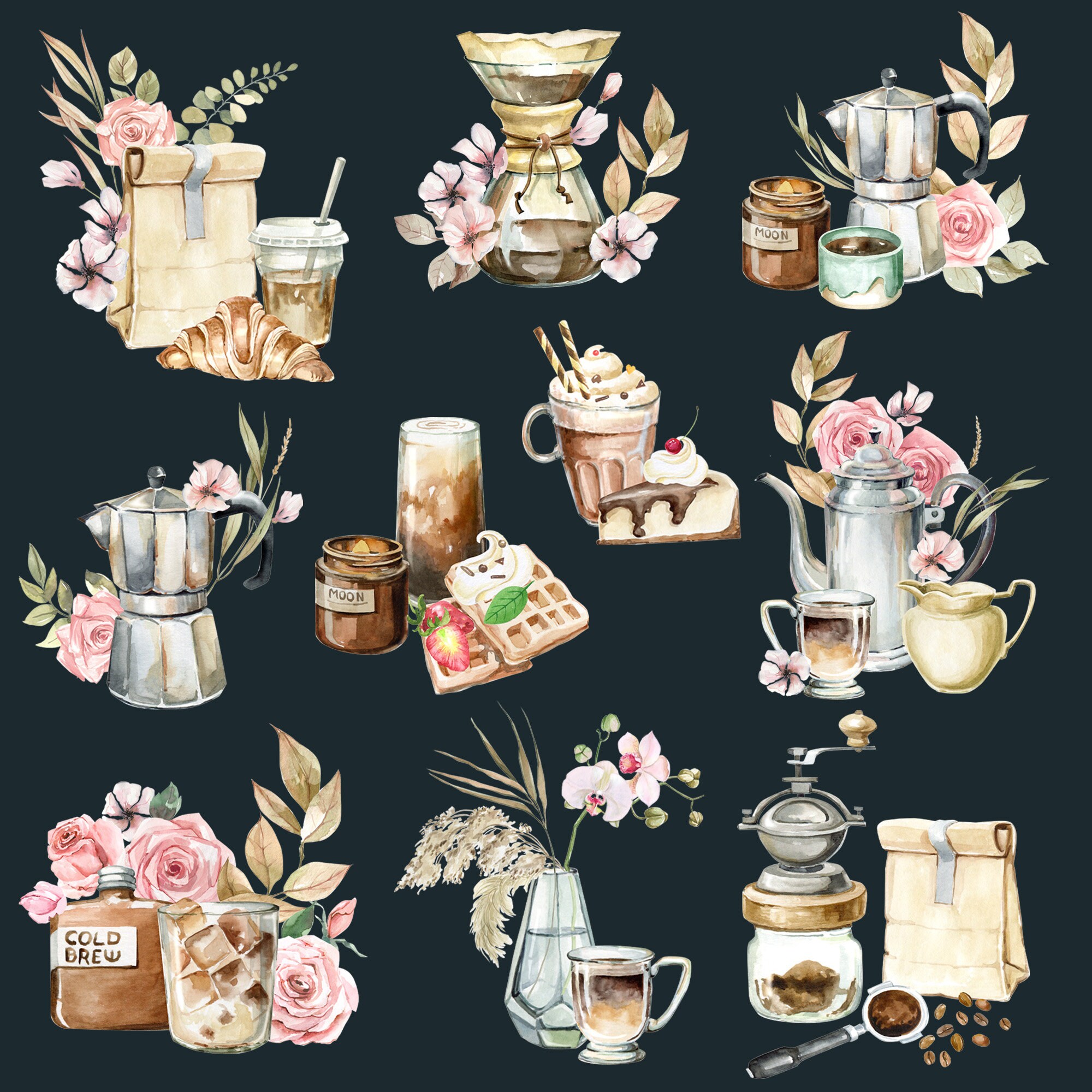 Watercolor Coffee Drinks Clipart, Clip Art for Cafe Menu, Kitchen Decor ...