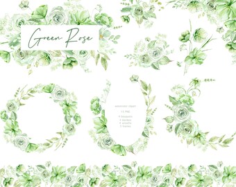Watercolor Green Flower and leaves bouquet, border, frame and wreath clipart. Wedding digital green leaves herbs rose flowers watercolor PNG