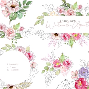 Watercolor Floral Frames & Bouquets. Line Art Digital flowers, Light Pink Wedding Bouquet, Floral Planner Clipart, Wedding arrangement