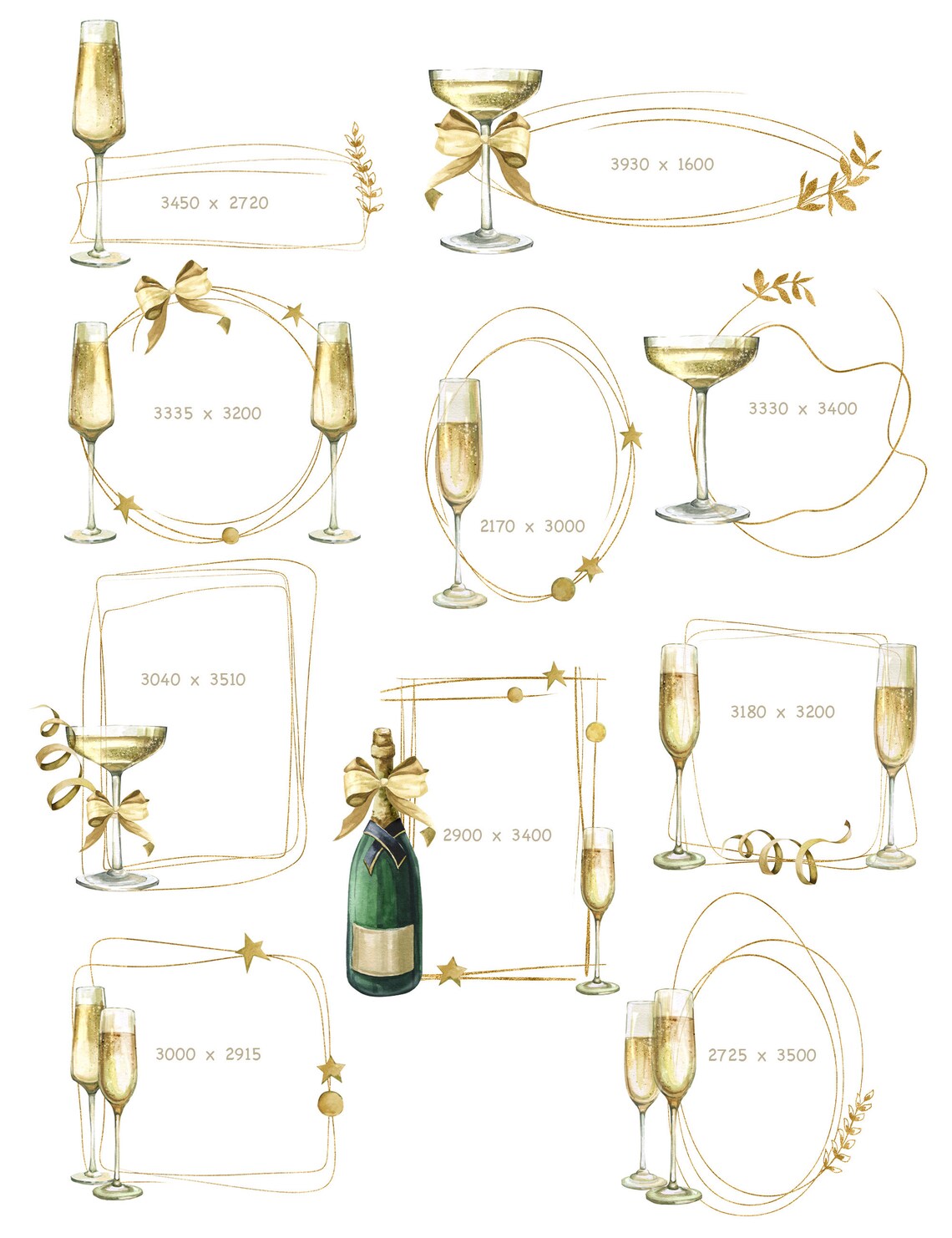 Watercolor Champagne Clipart, Gold Line and Champagne Glass PNG. Gold ...