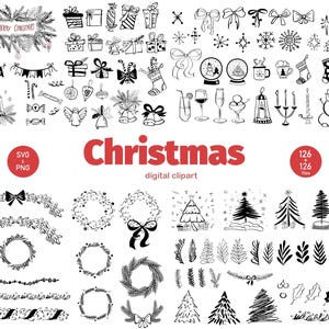 Ręcznie rysowane świąteczne cliparty SVG, obramowania, wieńce, ilustracje w stylu Doodle, szablony zaproszeń świątecznych, papier do pakowania, menu