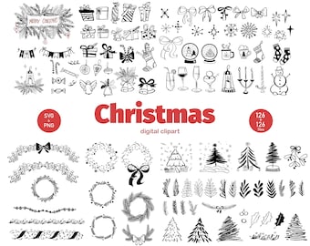 Handritad jul SVG clipart, ramar, kransar, illustrationer i Doodle-stil, för julinbjudningsmallar, omslagspapper, meny