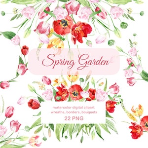 Watercolor spring flowers, Spring tulips png, Floral borders clipart, Tulips clipart for wedding, baby shower, Easter. Spring Tulips PNG