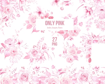 Pink watercolor floral border, Blush floral clipart, Digital pink floral borders, corner border, Dusty pink wedding clipart, Blush flowers