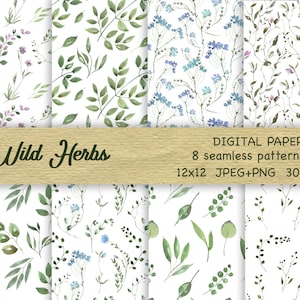 Greenery Leaves Seamless Pattern. Watercolor Floral Surface Pattern. Botanical wild herbs seamless Pattern. Digital Scrapbook Paper.