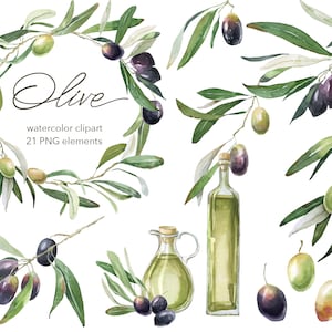 Watercolor olive branches clipart. Olive Branch Arrangement. Wedding Decor. Watercolor Olives Wreath. a bottle of olive oil. Printable decor