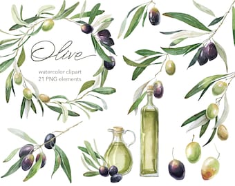 Watercolor olive branches clipart. Olive Branch Arrangement. Wedding Decor. Watercolor Olives Wreath. a bottle of olive oil. Printable decor