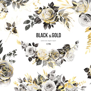 Clipart preto branco e dourado floral PNG. Buquês pretos e dourados. Aquarela Rosas Negras e Folhas Douradas. Arranjos florais em cores neutras