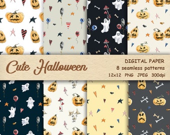 Watercolor Halloween Seamless Repeat Pattern. Pumpkin pattern. Printable Digital Paper, Holiday pumpkins, ghosts, autumn patterns