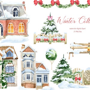 Imágenes prediseñadas de cabaña de invierno de acuarela. Diseños png de Navidad, imágenes prediseñadas de árboles de Navidad png, imágenes prediseñadas de casas de Navidad, imágenes prediseñadas de casas de invierno acogedoras
