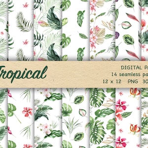 Motifs tropicaux numériques à l'aquarelle. Ensemble de motifs tropicaux sans couture de verdure. Fleurs et feuilles tropicales. Papier d'emballage exotique