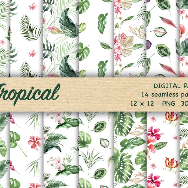 Watercolor digital Tropical Patterns. Greenery Tropical Seamless pattern pack. Tropical Flowers and Leaves. Exotic background.wrapping paper