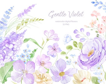 Watercolor Violet Flowers Clipart, Gentle Purple flowers, Watercolor Spring Clipart, Floral Wedding Card Making PNG, DIY Elements,