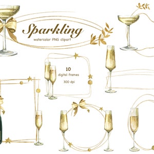 Aquarel champagne clipart, gouden lijn en champagneglas, png. Lijsten van goudfolie. Glitterrandlijst. mousserende wijn clipart. Goud bloemen