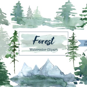 Könnte beinhalten: Aquarell-Clipart-Set mit 18 Waldelementen, darunter Bäume, Berge und Pinselstriche in Grün- und Blautönen. Der Text "Forest Watercolor Clipart" ist im Bild enthalten.