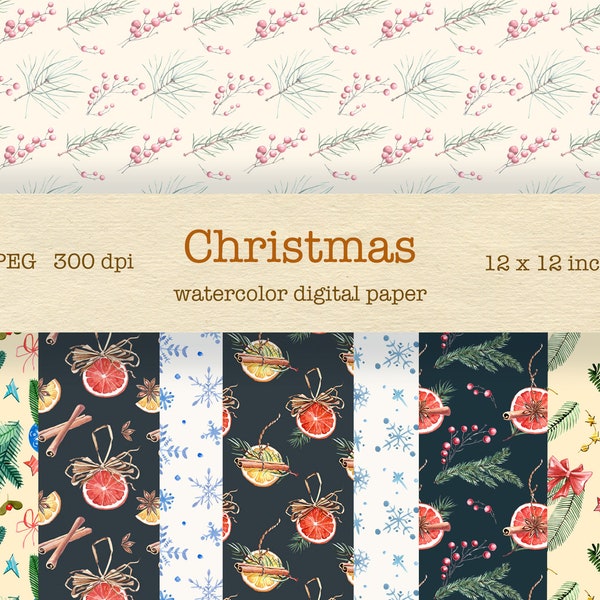 Watercolor сhristmas digital paper, winter watercolor christmas seamless patterns, holiday wrapper