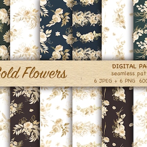 Floral Gold Nahtloses Muster, romantisches mit Blumen bedruckbares Papier, Pflanzenmuster Floral, sich wiederholendes digitales Blumenpapier, Boho Blumen Clipart PNG