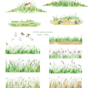 Nature clipart, wild grass clipart, grass borders seamless clipart, wild herb and meadow flowers, butterflies clipart image 2