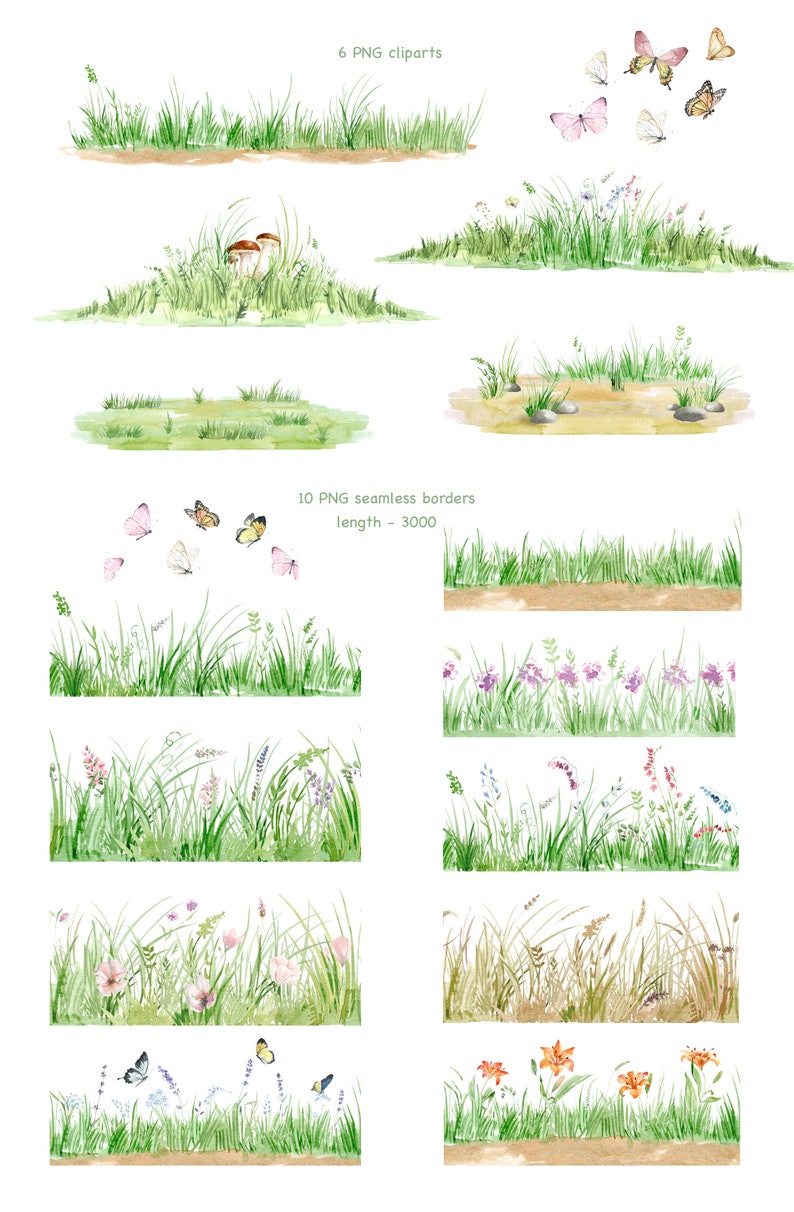 Nature clipart, wild grass clipart, grass borders seamless clipart, wild herb and meadow flowers, butterflies clipart image 2