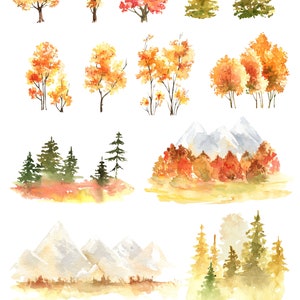 Op de afbeelding: Waterverf illustraties van herfstbomen, bergen en bladeren. De bomen zijn in tinten geel, oranje en rood. De bergen zijn wit met een lichtblauwe lucht. Het blad is in tinten bruin, oranje en geel.