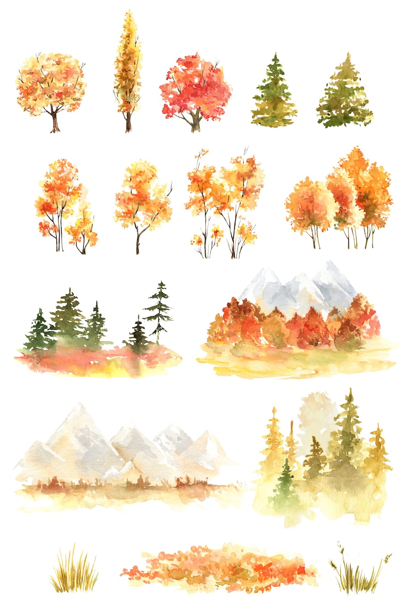 Op de afbeelding: Waterverf illustraties van herfstbomen, bergen en bladeren. De bomen zijn in tinten geel, oranje en rood. De bergen zijn wit met een lichtblauwe lucht. Het blad is in tinten bruin, oranje en geel.