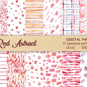 Puede incluir: Doce patrones de papel digital en rojo, rosa y blanco con diseños abstractos. Los patrones son sin costuras y miden 12x12 pulgadas a 300 dpi. El texto "Red Abstract" y "Digital Paper" está incluido en la imagen.
