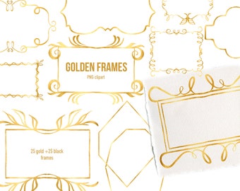Gold Geometric Frames Clipart, Wedding Borders and Templates, Gold borders, Digital Invitation Frames, PNG Digital Drawn