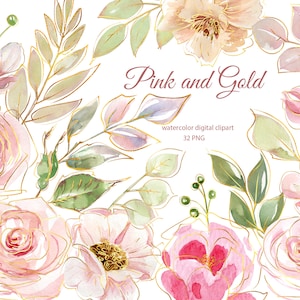Aquarell Blumen Clipart mit altrosa Blumen und Gold, Line Art png, Hochzeit rosa Rosen, Glitter, Linie Kunst, goldene Linien