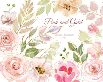 Watercolor floral clipart with dusty pink flowers  and gold, glitter flower Line Art png, Wedding pink roses clipart, Gold line arrangements
