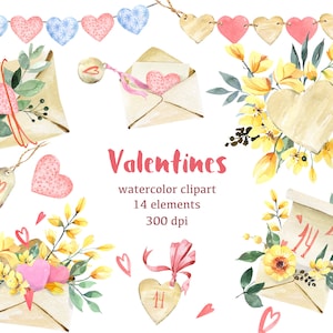 Watercolor clipart, valentine&#39;s day clipart, love clip art, wedding clipart, hand-drawn flowers, pink  hearts, letters and bouquets