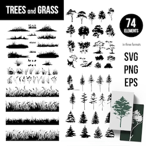 May include: Black and white graphic illustrations of trees and grass elements. The image includes various tree silhouettes, grass borders, and individual grass and plant designs. Text reads "TREES and GRASS" and "74 ELEMENTS" with file format options: SVG, PNG, and EPS.