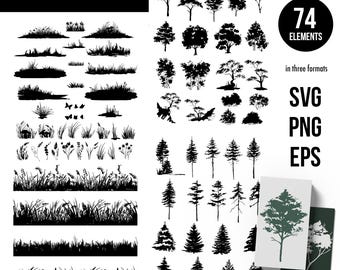 May include: Black and white graphic illustrations of trees and grass elements. The image includes various tree silhouettes, grass borders, and individual grass and plant designs. Text reads "TREES and GRASS" and "74 ELEMENTS" with file format options: SVG, PNG, and EPS.