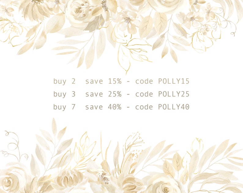 Op de afbeelding: Een aquarel-illustratie van beige bloemen en bladeren met gouden accenten. De tekst luidt: "koop 2 bespaar 15% - code POLLY15, koop 3 bespaar 25% - code POLLY25, koop 7 bespaar 40% - code POLLY40".