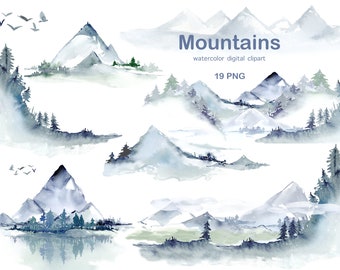 Akvarell berg Clipart Landskap, akvarell bakgrund för bröllopsinbjudan, dimmigt skogsberg, skogslandskap, logotyp clipart