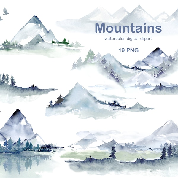 Watercolor Mountain Clipart Landscape, watercolor Background for Wedding Invitation, Foggy Forest Mountain, Forest landscape, logo clipart