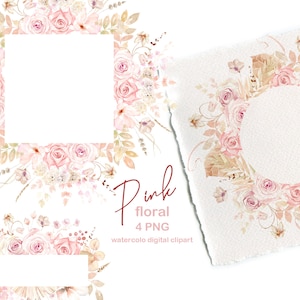 Aquarell rosa Blumen Clipart, erröten Blumen, Pastell rosa Rose Blumen Grenzen, Aquarell Clipart, Hochzeit Clipart, Boho Floral PNG