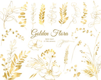 Golden сlipart, golden leaves, design elements, gold botanical clipart, golden floral bouquets, wedding decor