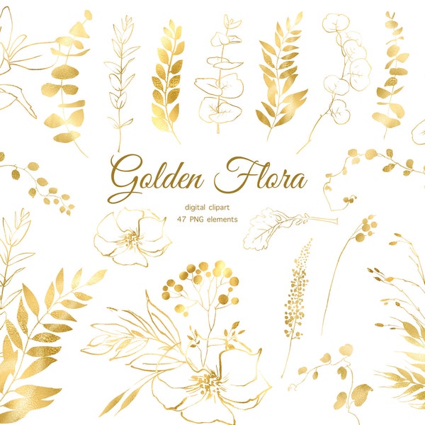 Golden сlipart, golden leaves, design elements, gold botanical clipart, golden floral bouquets, wedding decor