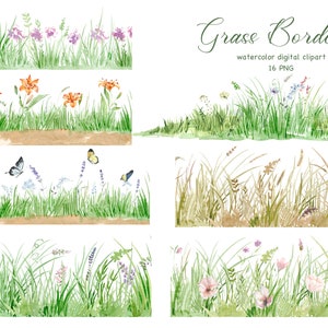 Natur Clipart, wilde Gras Clipart, Gras grenzt nahtlos an Grafik, wilde Kräuter und Wiesenblumen, Schmetterlinge Clipart