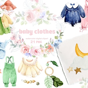 Baby clothes watercolor clipart, Boho baby clipart, Neutral newborn clothes png, Baby dress, Nursery boho baby shower, Boy girl watercolor