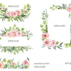 May include: A set of four watercolor floral borders with pink roses and green leaves. The borders are perfect for adding a touch of elegance to any design project.