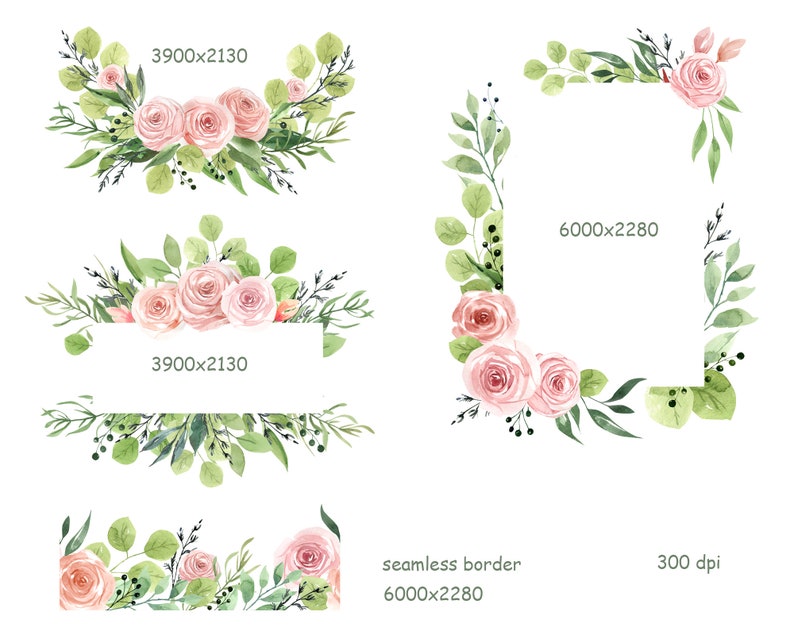 May include: A set of four watercolor floral borders with pink roses and green leaves. The borders are perfect for adding a touch of elegance to any design project.