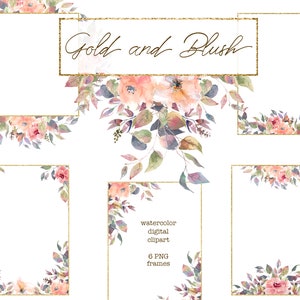 Aquarel Blush bloemen en gouden lijsten clipart. Bruiloft bloemen clipart. Gouden boeket en rand voor uitnodigingen. kleurrijke bladeren
