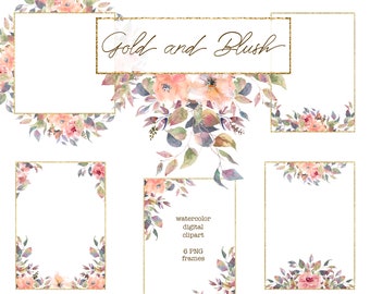 Watercolor Blush floral and gold frames clipart. Wedding floral clipart. Golden bouquet and border for invitations. colorful leaves