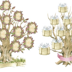 May include: Two watercolour illustrations of family trees. The first tree has brown branches and leaves with a light brown trunk. The second tree has light brown branches and leaves with a dark brown trunk. Both trees have blank spaces for photos or names.