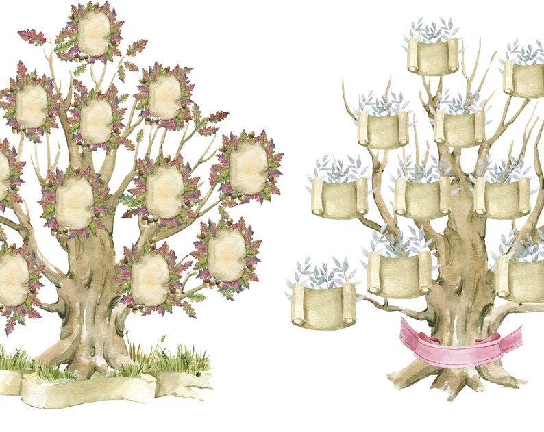 May include: Two watercolour illustrations of family trees. The first tree has brown branches and leaves with a light brown trunk. The second tree has light brown branches and leaves with a dark brown trunk. Both trees have blank spaces for photos or names.