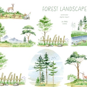 Imágenes prediseñadas de paisaje de bosque en acuarela, imágenes prediseñadas de viajes de bosque salvaje, paisaje natural, árboles en acuarela, invitación de boda, álbum de recortes