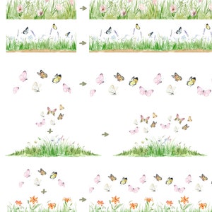 Nature clipart, wild grass clipart, grass borders seamless clipart, wild herb and meadow flowers, butterflies clipart image 4